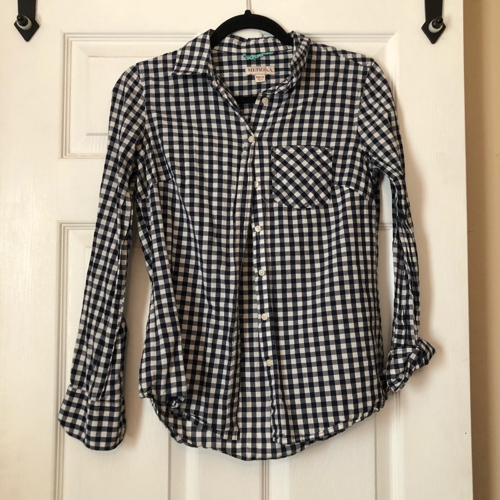 Navy and white plaid women’s button down